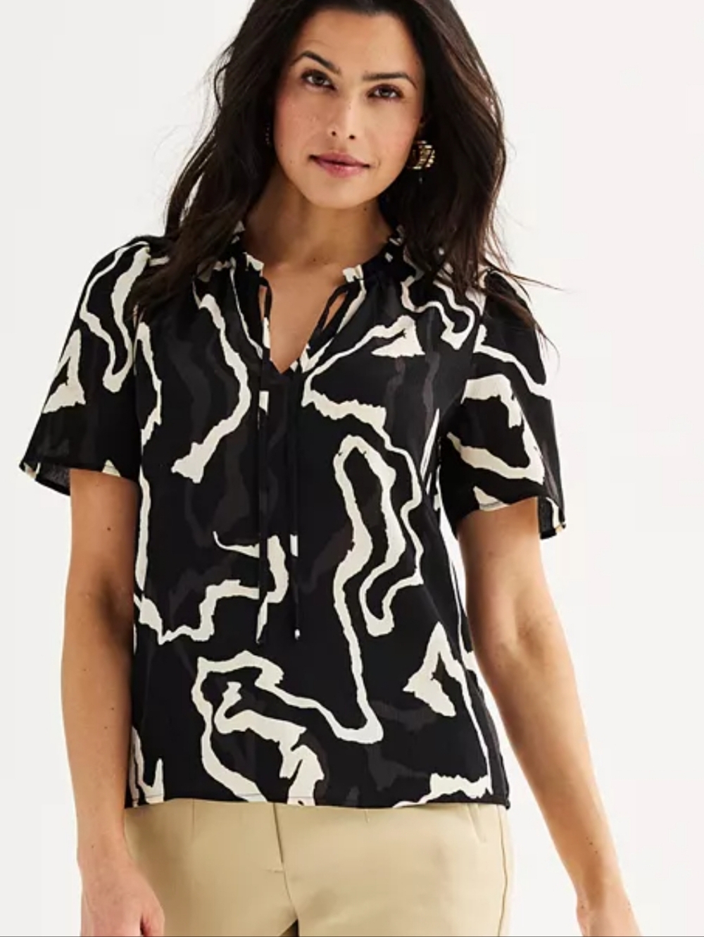 Nine West Tie Front Ruffle Neck Top Short Sleeve Unlined Black Wht Size 1X